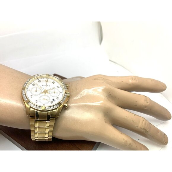 Bulova Men's Watch 98E113 Quartz Chronograph Diamond Slver Dial Gold Steel 42mm - Picture 5 of 15
